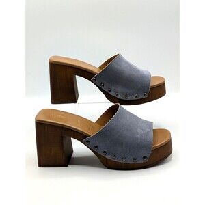 Verderosmarino Mules Women 8 Gray Blue Suede Leather Wood Block Heel Sandals